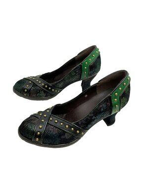 Unique Studded Crisscross Leather Calfhair Heels With Green Accents Womens 8.5-9